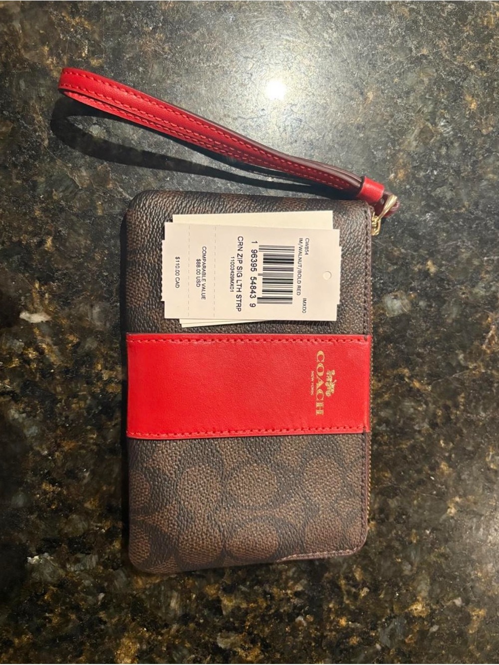 Coach Brown Signature Canvas Wristlet with Red Accent